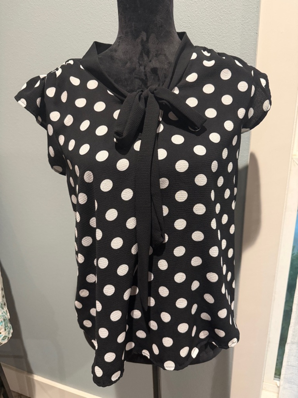 Anthropology E M Black Polka Dot Tie-Neck Textured Blouse Ruffle Cap Sleeve M